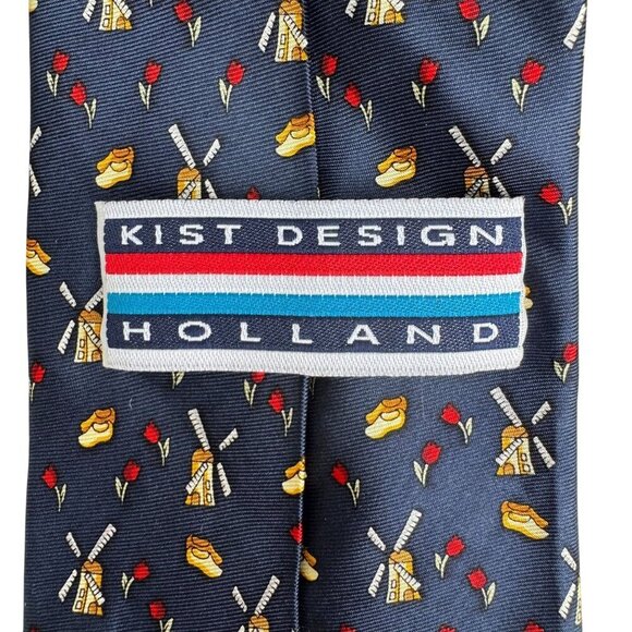 Kist Design Holland Mens Blue Silk Tie Windmill Tulip Wooden Clogs Motif Necktie - Picture 3 of 5
